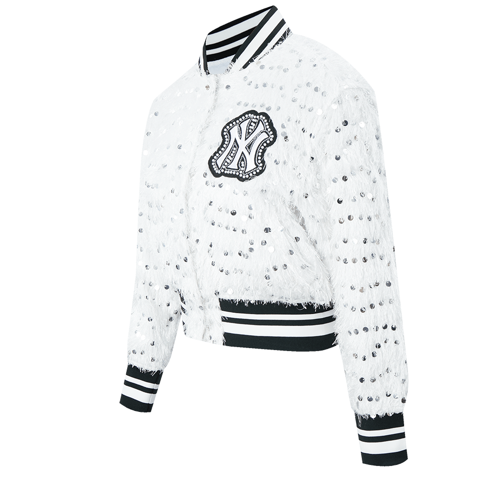 MLB NEW YORK YANKEES FASHION GLAM	 WOMEN'S  CROPPED FAUX FEATHER JACKET (WHITE FRINGE)