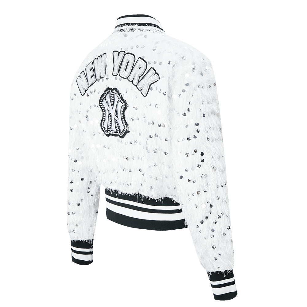 MLB NEW YORK YANKEES FASHION GLAM	 WOMEN'S  CROPPED FAUX FEATHER JACKET (WHITE FRINGE)