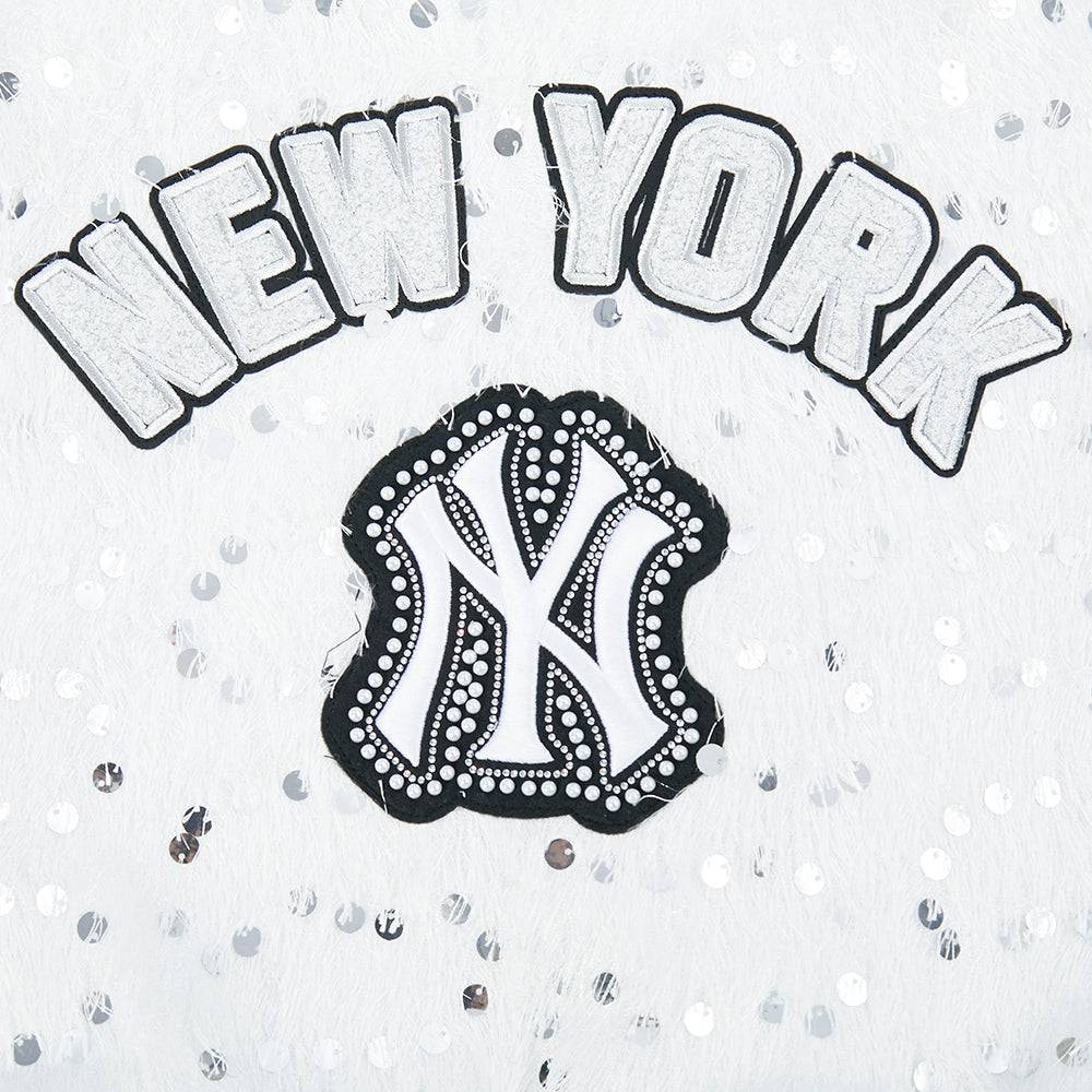 MLB NEW YORK YANKEES FASHION GLAM	 WOMEN'S  CROPPED FAUX FEATHER JACKET (WHITE FRINGE)