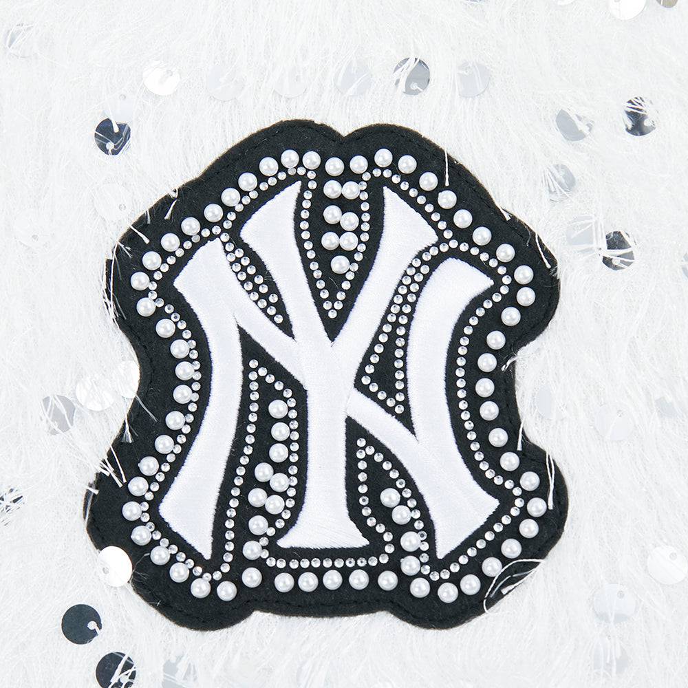 MLB NEW YORK YANKEES FASHION GLAM	 WOMEN'S  CROPPED FAUX FEATHER JACKET (WHITE FRINGE)
