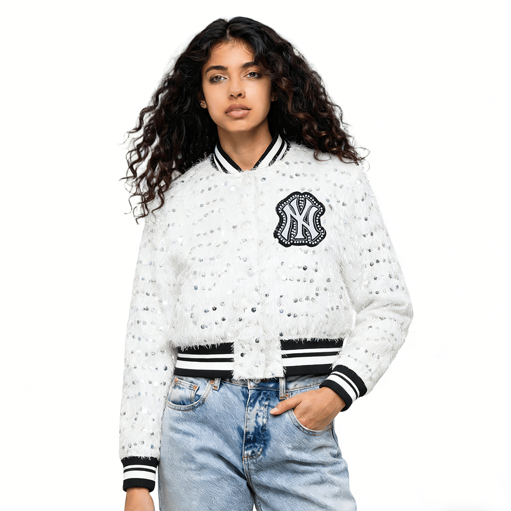 MLB NEW YORK YANKEES FASHION GLAM	 WOMEN'S  CROPPED FAUX FEATHER JACKET (WHITE FRINGE)