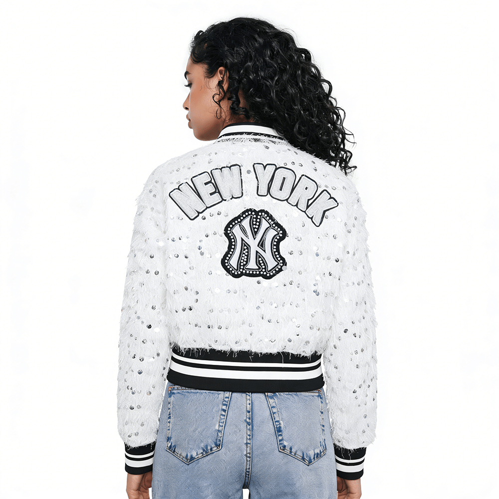 MLB NEW YORK YANKEES FASHION GLAM	 WOMEN'S  CROPPED FAUX FEATHER JACKET (WHITE FRINGE)