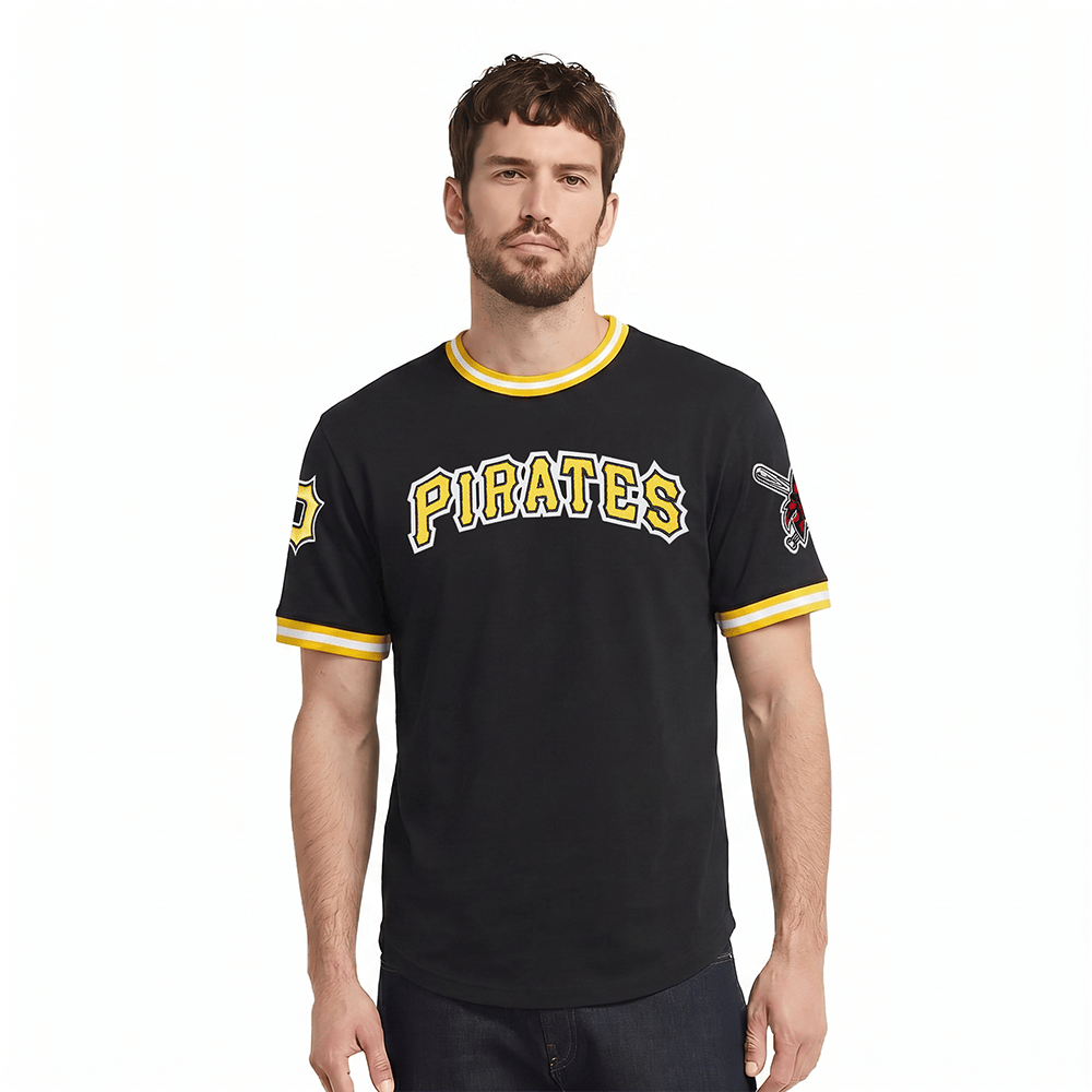 CAMISETA MLB CLÁSICA DE CHENILLA PARA HOMBRE DE MANGA CORTA PIRATAS DE PITTSBURGH (NEGRA)