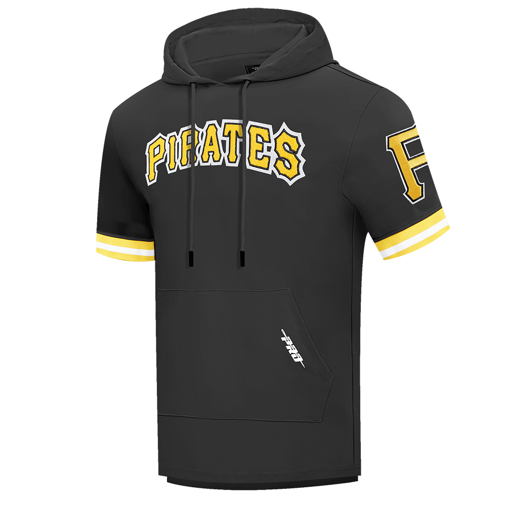 MLB PITTSBURGH PIRATES CLASSIC CHENILLE MEN'S DOUBLE KNIT SHORT SLEEVE PULLOVER HOODIE (BLACK/YELLOW)