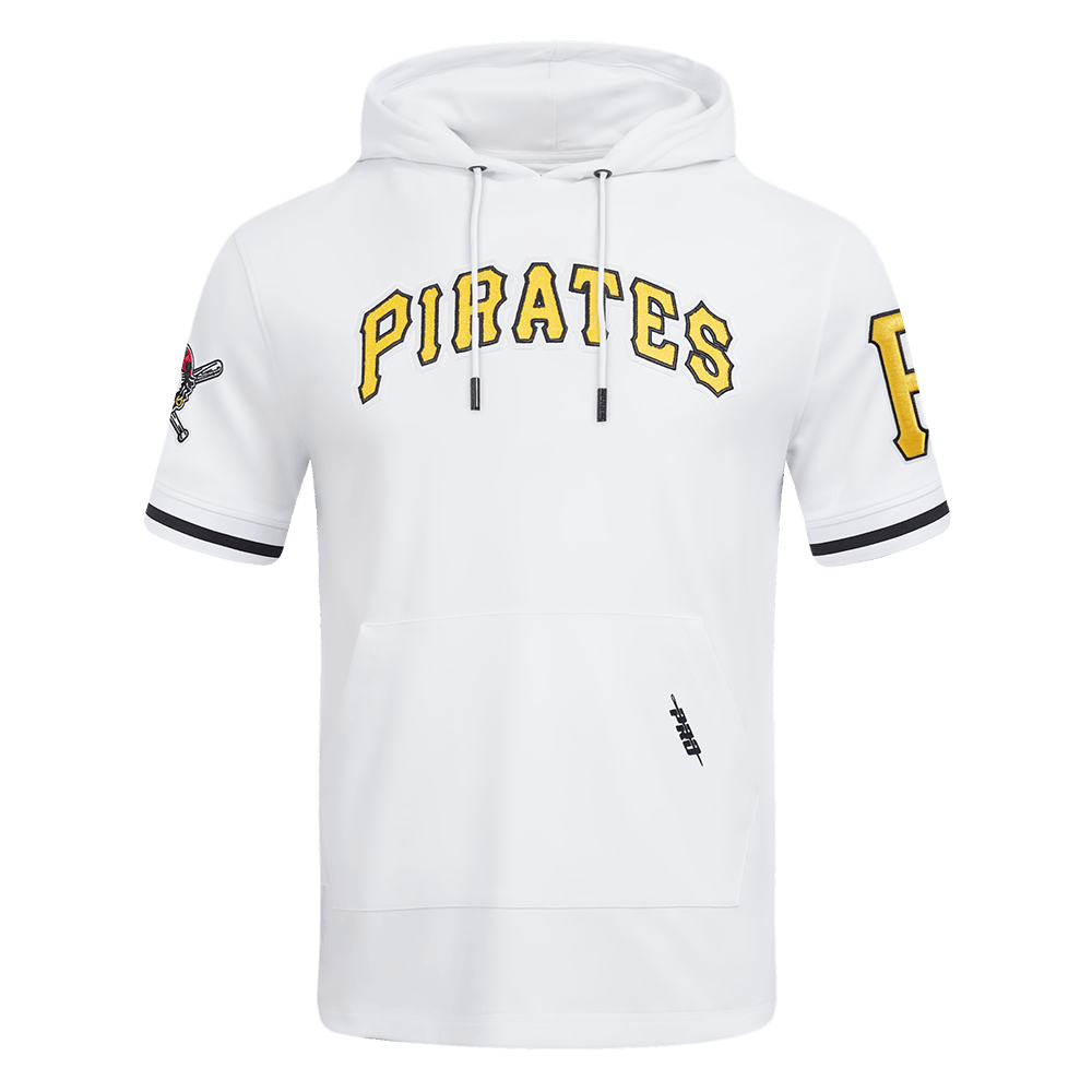 MLB PITTSBURGH PIRATES CLASSIC CHENILLE MEN'S DOUBLE KNIT SHORT SLEEVE PULLOVER HOODIE (WHITE/BLACK)