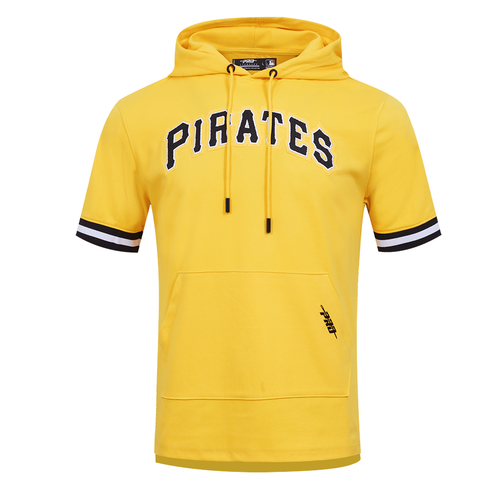 MLB PIRATAS DE PITTSBURGH SUDADERA CON CAPUCHA DE MASCULINO DE PUNTO DOBLE CON CHENILLA CLÁSICA DE MANGA CORTA (AMARILLO/NEGRO)