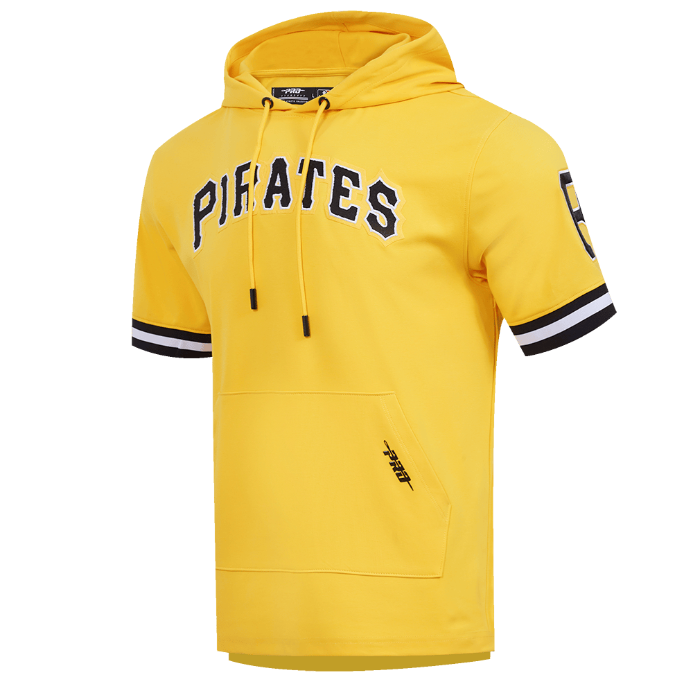 MLB PIRATAS DE PITTSBURGH SUDADERA CON CAPUCHA DE MASCULINO DE PUNTO DOBLE CON CHENILLA CLÁSICA DE MANGA CORTA (AMARILLO/NEGRO)