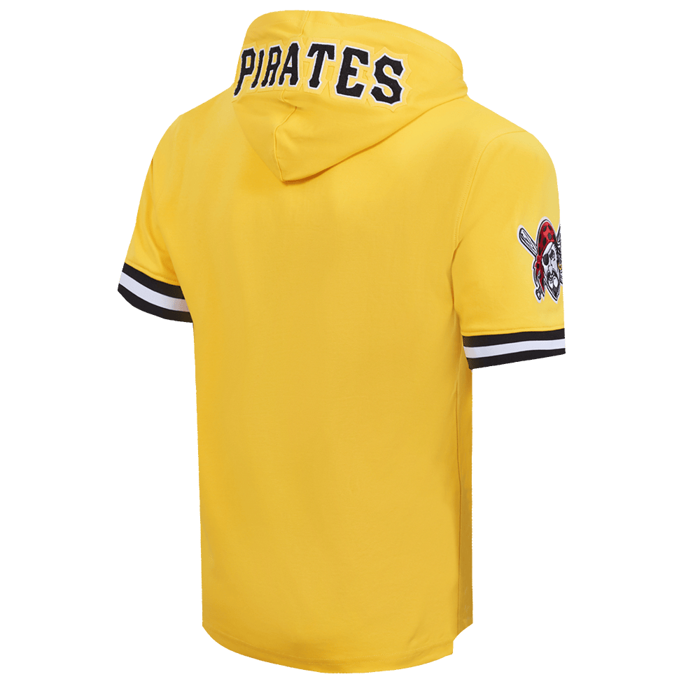 MLB PIRATAS DE PITTSBURGH SUDADERA CON CAPUCHA DE MASCULINO DE PUNTO DOBLE CON CHENILLA CLÁSICA DE MANGA CORTA (AMARILLO/NEGRO)