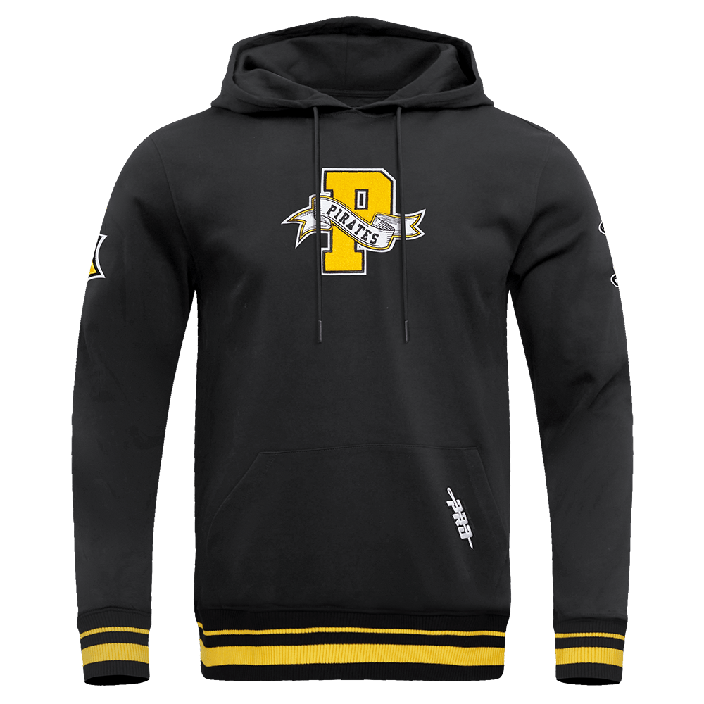 SUDADERA CON CAPUCHA DE FELPA ACANALADA PARA HOMBRE CON ESTEMAS DEL EQUIPO MLB PITTSBURGH PIRATES (NEGRA/AMARILLA)
