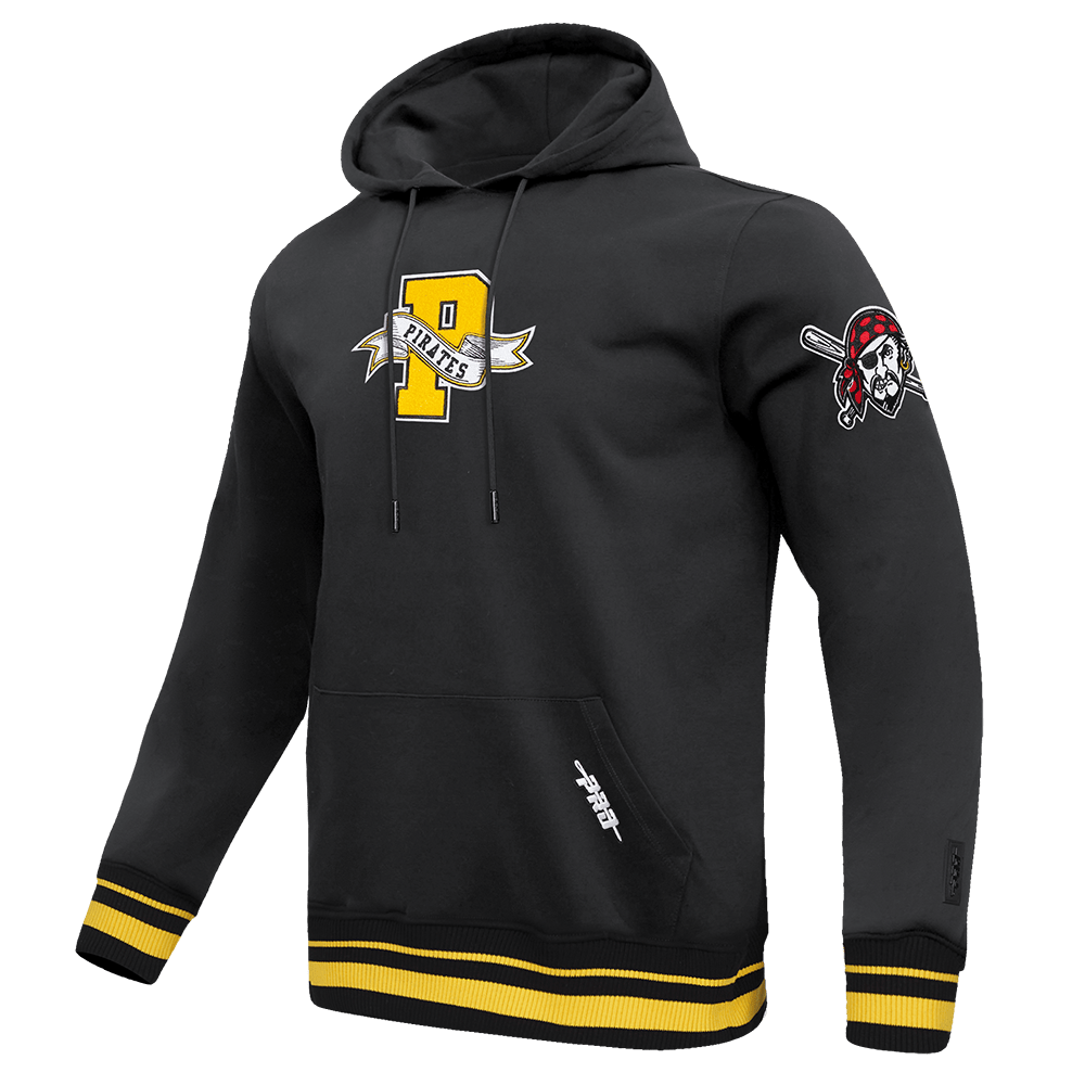 SUDADERA CON CAPUCHA DE FELPA ACANALADA PARA HOMBRE CON ESTEMAS DEL EQUIPO MLB PITTSBURGH PIRATES (NEGRA/AMARILLA)