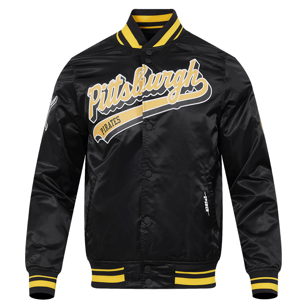 CHAQUETA DE SATÉN PARA HOMBRE MLB PITTSBURGH PIRATES SCRIPT TAIL (NEGRA/AMARILLA)