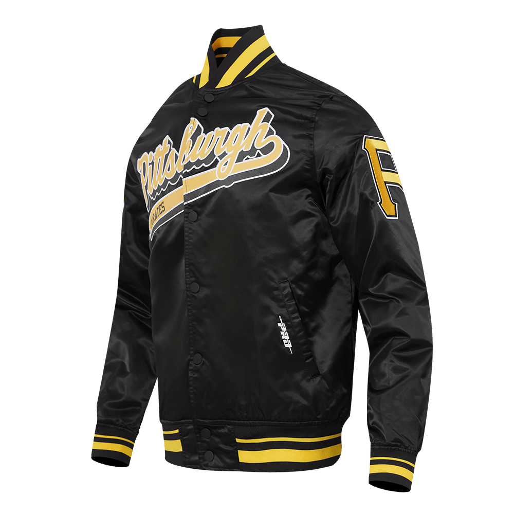 CHAQUETA DE SATÉN PARA HOMBRE MLB PITTSBURGH PIRATES SCRIPT TAIL (NEGRA/AMARILLA)