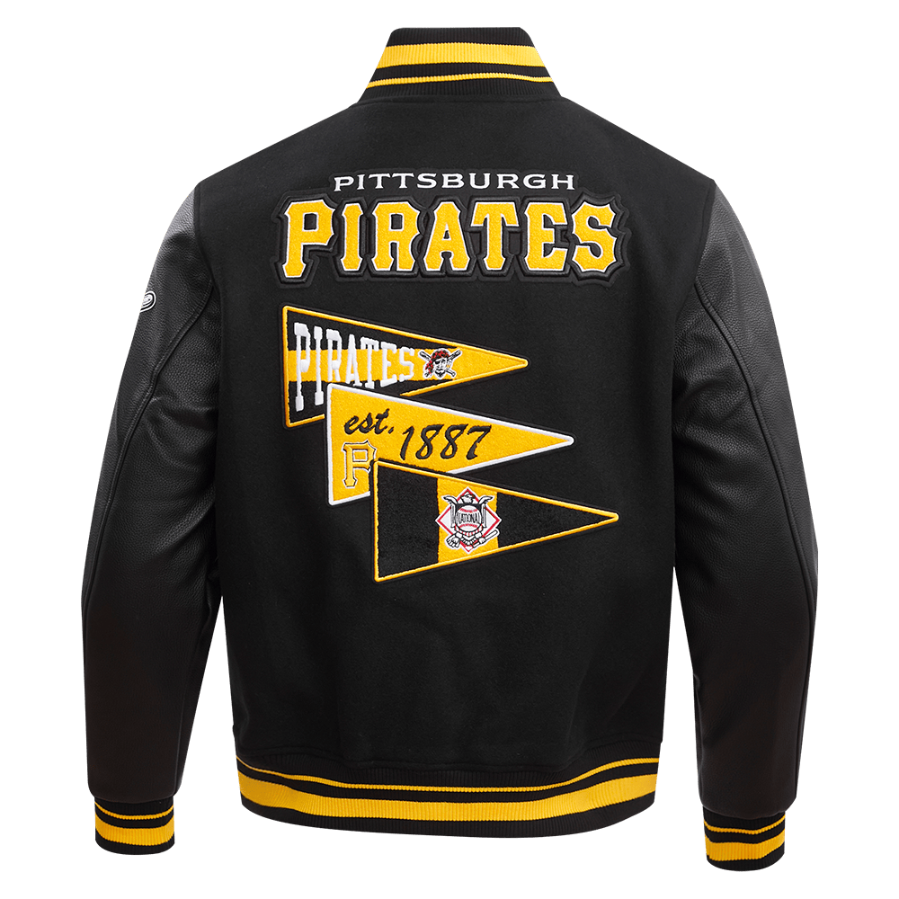 CHAQUETA UNIVERSITARIA DE LANA ACANALADA PARA HOMBRE MLB PITTSBURGH PIRATES CON BANDERINES DEL EQUIPO (NEGRA/AMARILLA)