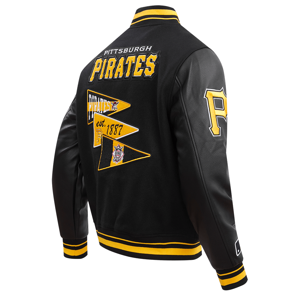 CHAQUETA UNIVERSITARIA DE LANA ACANALADA PARA HOMBRE MLB PITTSBURGH PIRATES CON BANDERINES DEL EQUIPO (NEGRA/AMARILLA)