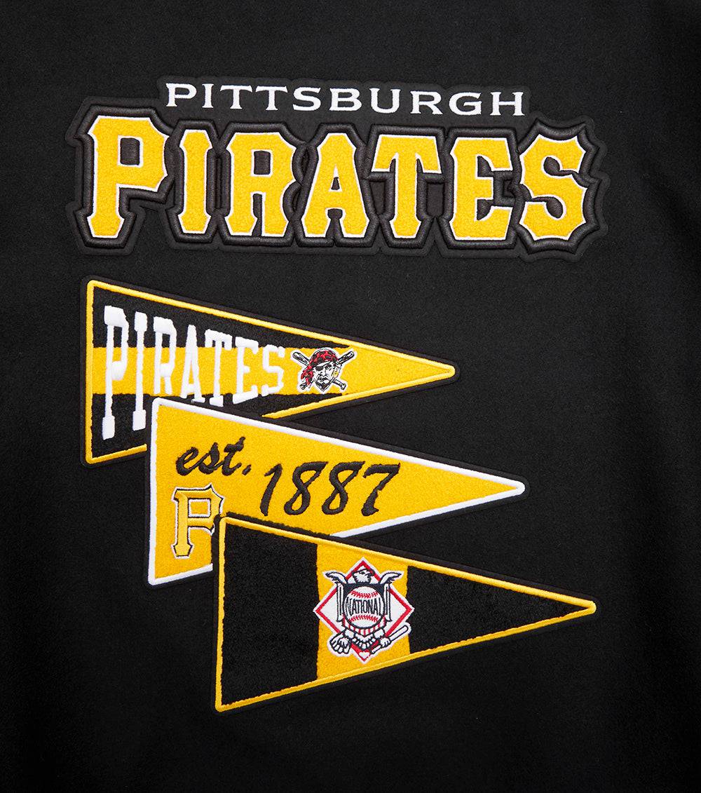 CHAQUETA UNIVERSITARIA DE LANA ACANALADA PARA HOMBRE MLB PITTSBURGH PIRATES CON BANDERINES DEL EQUIPO (NEGRA/AMARILLA)