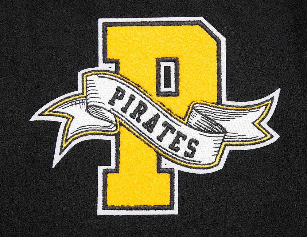 CHAQUETA UNIVERSITARIA DE LANA ACANALADA PARA HOMBRE MLB PITTSBURGH PIRATES CON BANDERINES DEL EQUIPO (NEGRA/AMARILLA)