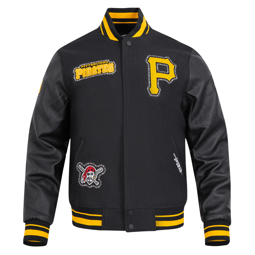 CHAQUETA UNIVERSITARIA DE LANA ACANALADA PARA HOMBRE MLB PITTSBURGH PIRATES CON COSTURAS DE PERSONALIZACIÓN (NEGRA/AMARILLA)