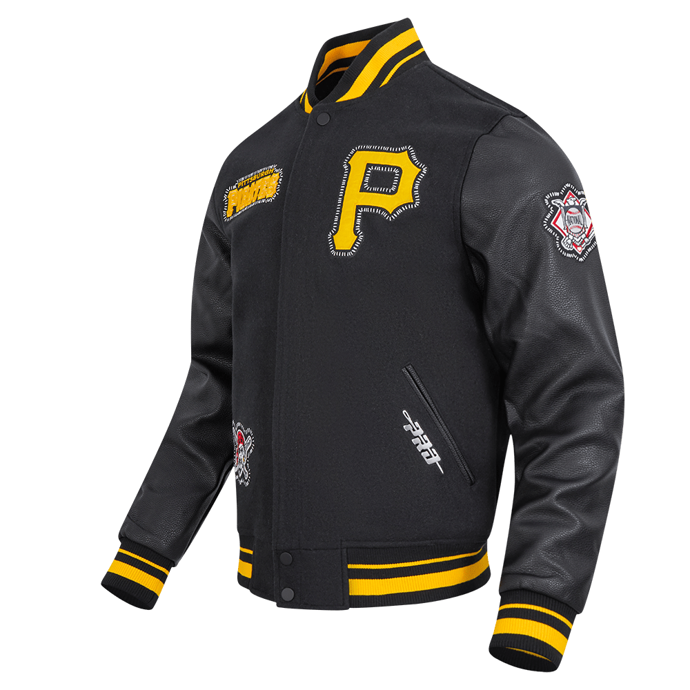 CHAQUETA UNIVERSITARIA DE LANA ACANALADA PARA HOMBRE MLB PITTSBURGH PIRATES CON COSTURAS DE PERSONALIZACIÓN (NEGRA/AMARILLA)