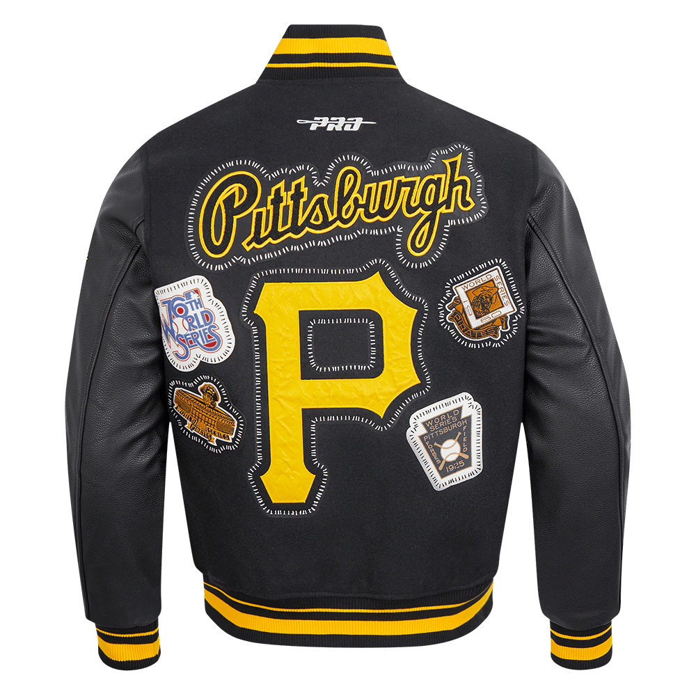CHAQUETA UNIVERSITARIA DE LANA ACANALADA PARA HOMBRE MLB PITTSBURGH PIRATES CON COSTURAS DE PERSONALIZACIÓN (NEGRA/AMARILLA)