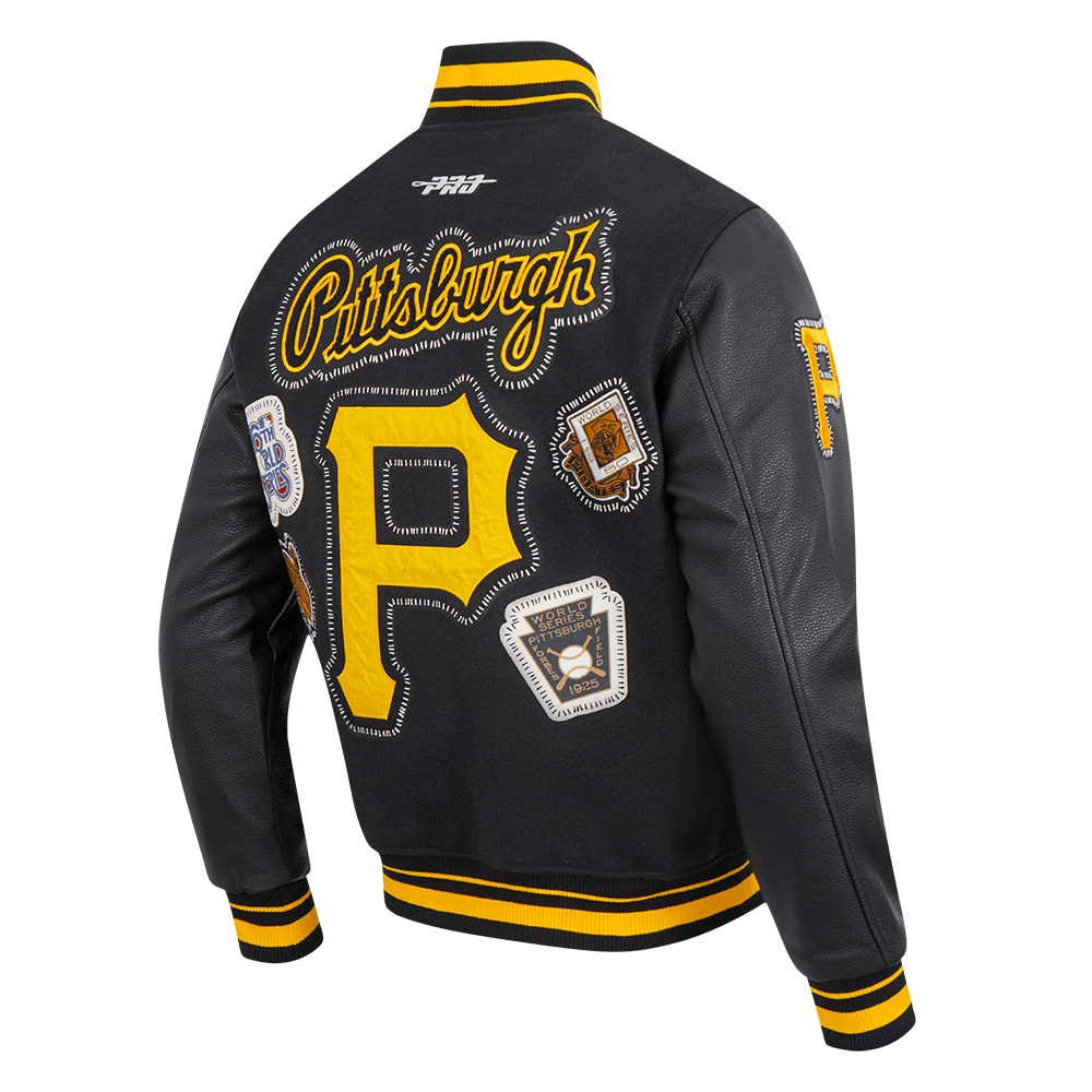 CHAQUETA UNIVERSITARIA DE LANA ACANALADA PARA HOMBRE MLB PITTSBURGH PIRATES CON COSTURAS DE PERSONALIZACIÓN (NEGRA/AMARILLA)