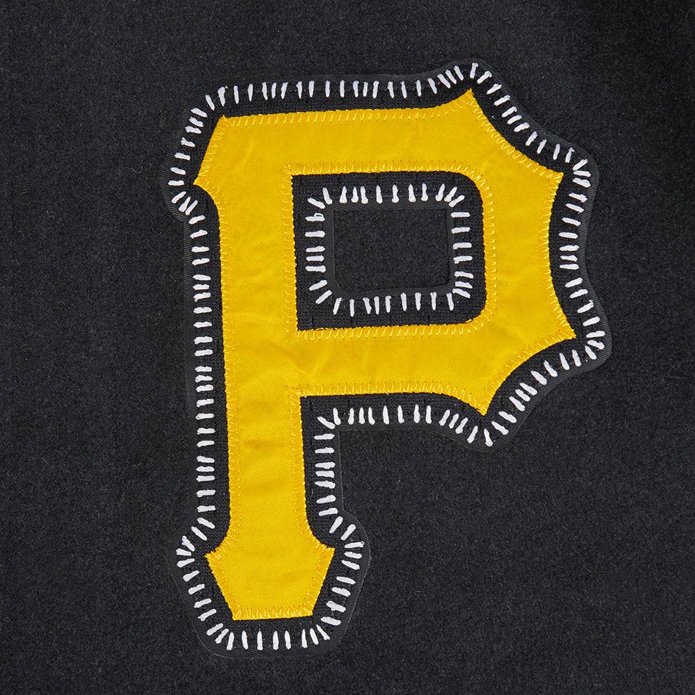 CHAQUETA UNIVERSITARIA DE LANA ACANALADA PARA HOMBRE MLB PITTSBURGH PIRATES CON COSTURAS DE PERSONALIZACIÓN (NEGRA/AMARILLA)