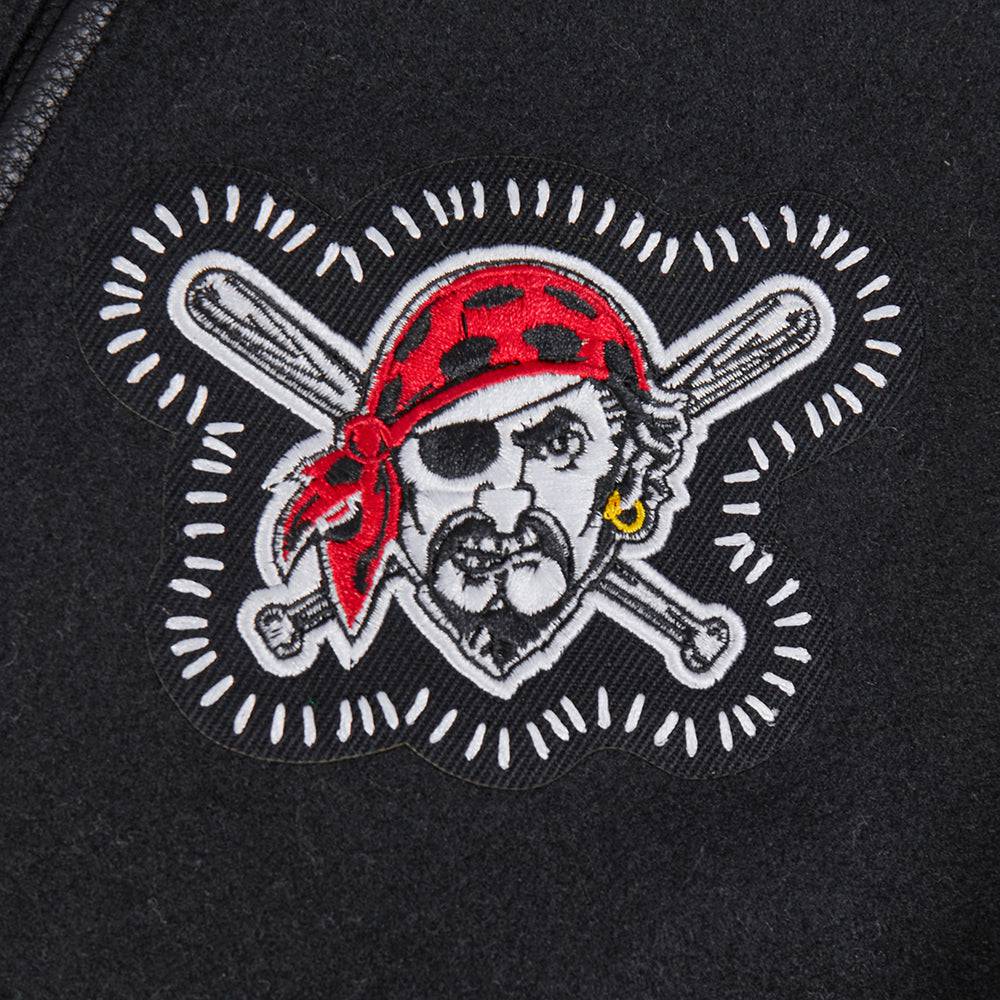 CHAQUETA UNIVERSITARIA DE LANA ACANALADA PARA HOMBRE MLB PITTSBURGH PIRATES CON COSTURAS DE PERSONALIZACIÓN (NEGRA/AMARILLA)