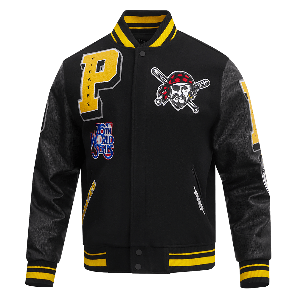CHAQUETA UNIVERSITARIA DE LANA ACANALADA MASHUP PARA HOMBRE MLB PITTSBURGH PIRATES (NEGRA/AMARILLA)