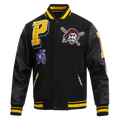 CHAQUETA UNIVERSITARIA DE LANA ACANALADA MASHUP PARA HOMBRE MLB PITTSBURGH PIRATES (NEGRA/AMARILLA)