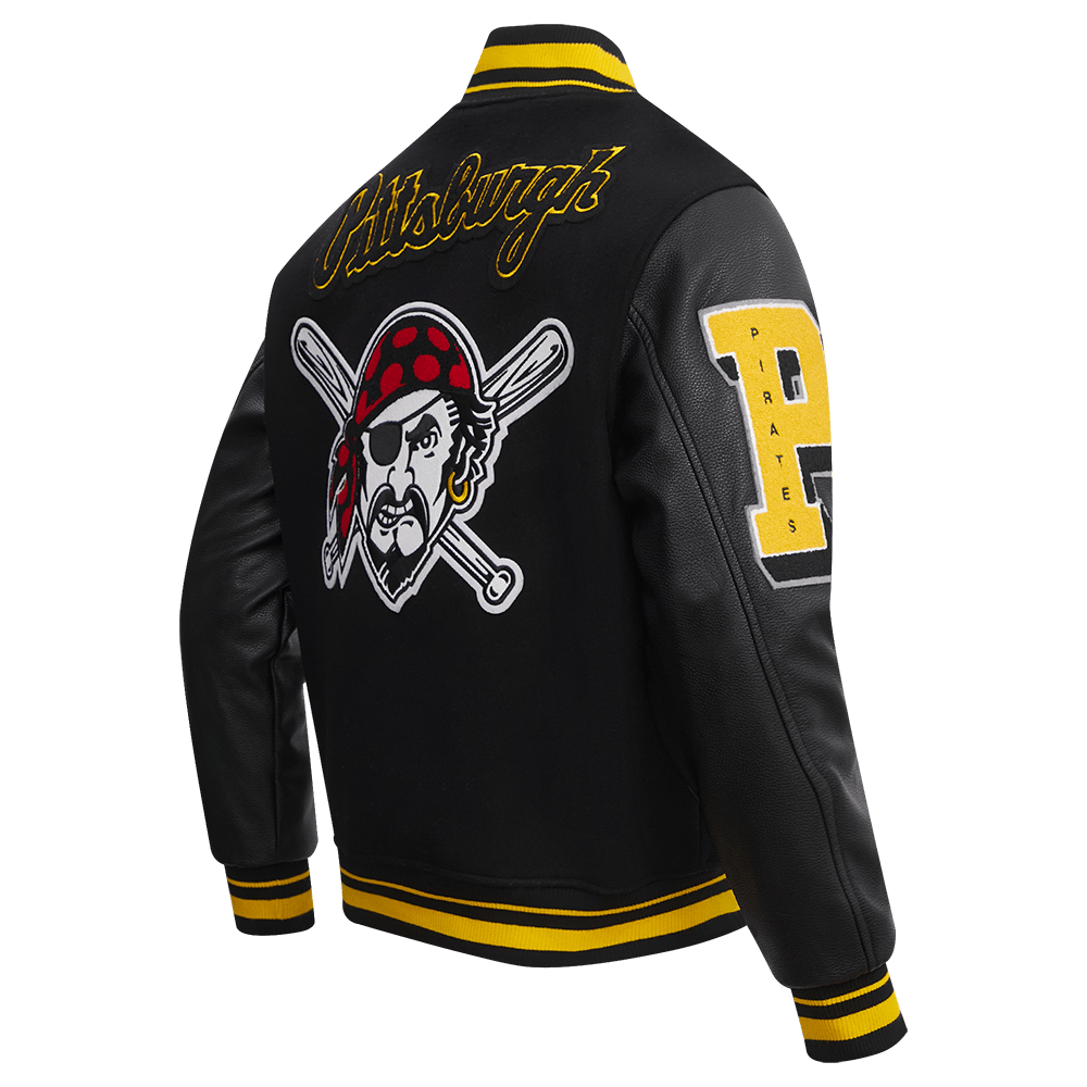 CHAQUETA UNIVERSITARIA DE LANA ACANALADA MASHUP PARA HOMBRE MLB PITTSBURGH PIRATES (NEGRA/AMARILLA)