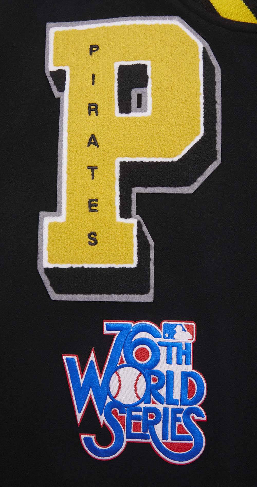 CHAQUETA UNIVERSITARIA DE LANA ACANALADA MASHUP PARA HOMBRE MLB PITTSBURGH PIRATES (NEGRA/AMARILLA)