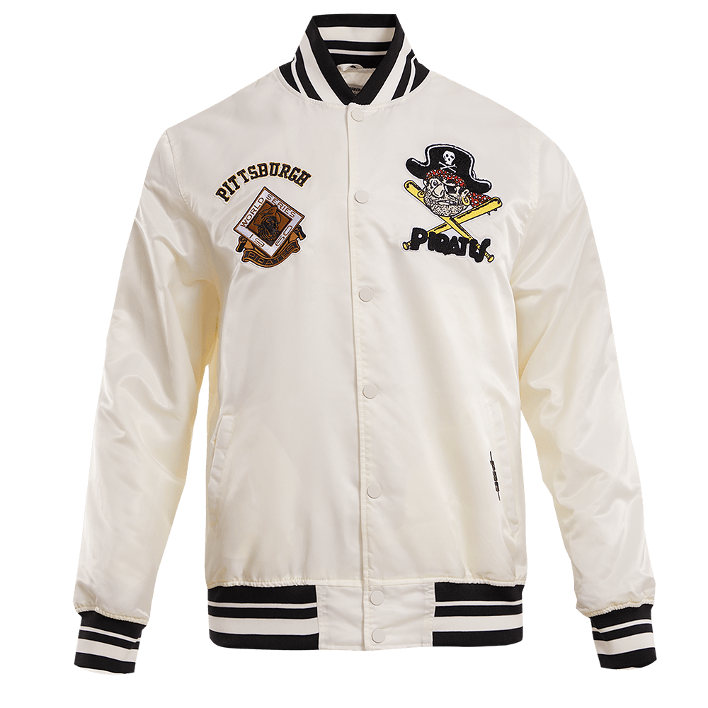 CHAQUETA RETRO CLÁSICA DE SATÉN ACOSTILLADA PARA HOMBRE MLB PITTSBURGH PIRATES (BLANCO HUEVO/ NEGRO)