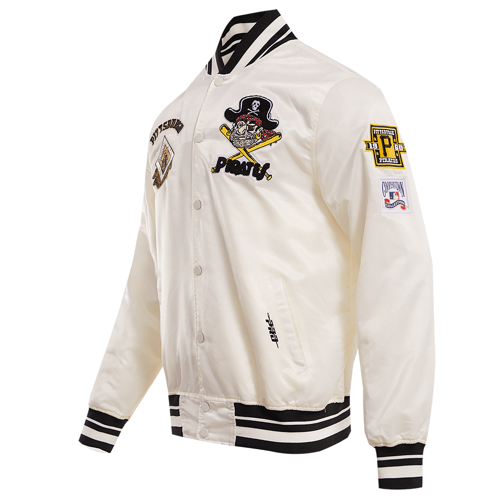 CHAQUETA RETRO CLÁSICA DE SATÉN ACOSTILLADA PARA HOMBRE MLB PITTSBURGH PIRATES (BLANCO HUEVO/ NEGRO)