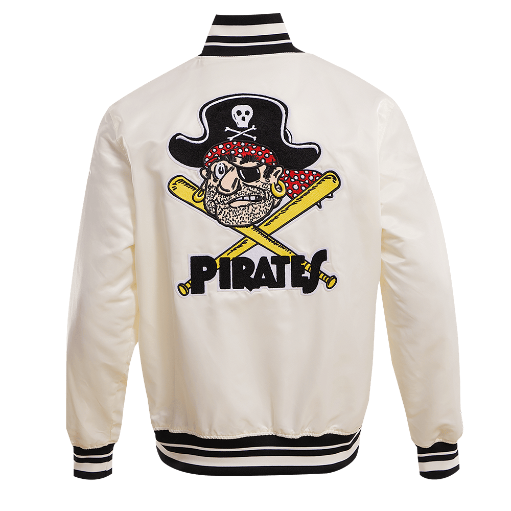 CHAQUETA RETRO CLÁSICA DE SATÉN ACOSTILLADA PARA HOMBRE MLB PITTSBURGH PIRATES (BLANCO HUEVO/ NEGRO)