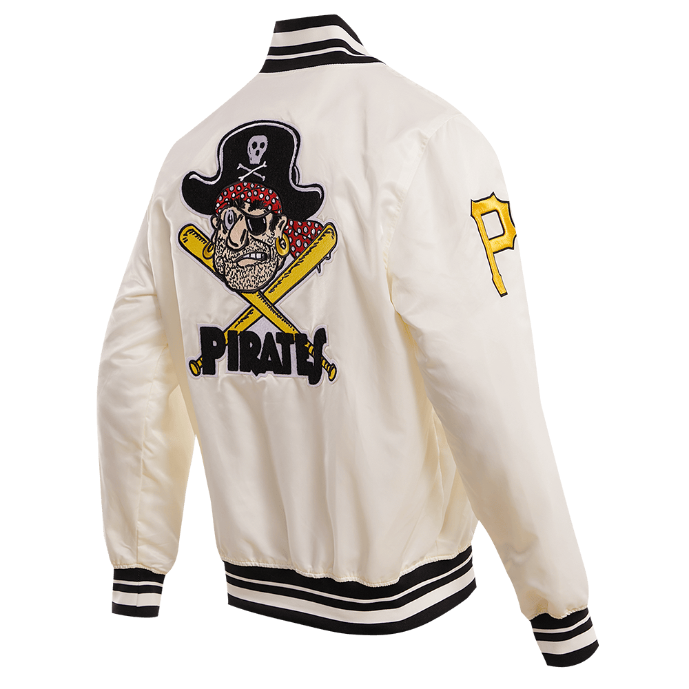 CHAQUETA RETRO CLÁSICA DE SATÉN ACOSTILLADA PARA HOMBRE MLB PITTSBURGH PIRATES (BLANCO HUEVO/ NEGRO)