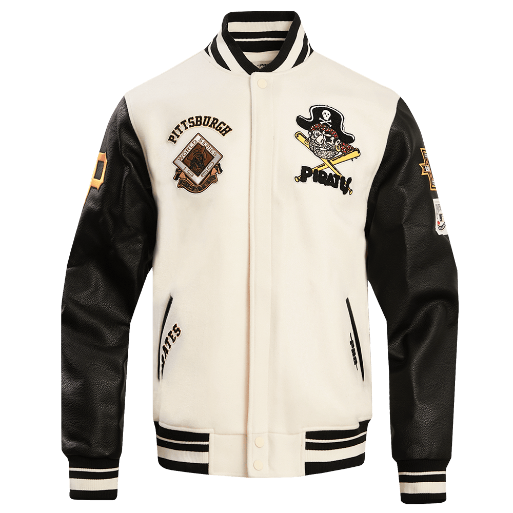 CHAQUETA UNIVERSITARIA RETRO CLÁSICA DE LANA ACANALADA PARA HOMBRE MLB PITTSBURGH PIRATES (BLANCO HUEVO/ NEGRO)