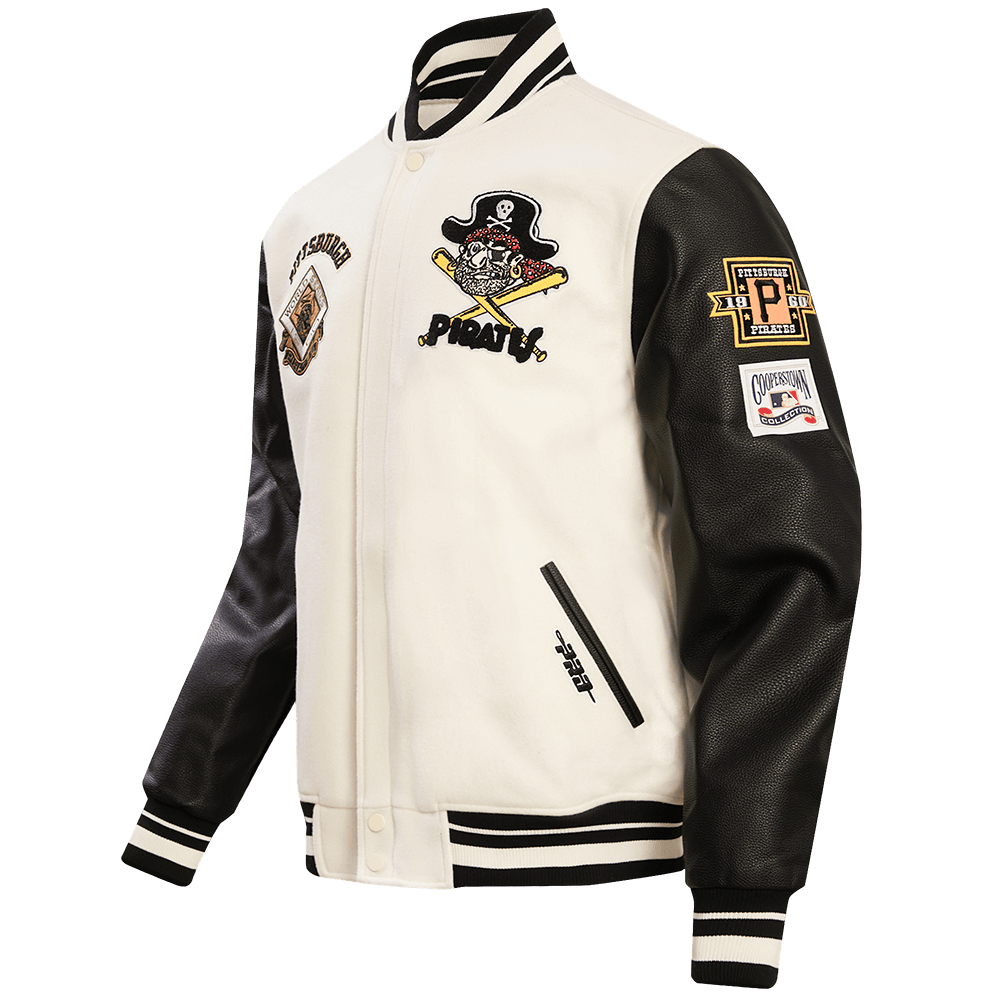 CHAQUETA UNIVERSITARIA RETRO CLÁSICA DE LANA ACANALADA PARA HOMBRE MLB PITTSBURGH PIRATES (BLANCO HUEVO/ NEGRO)