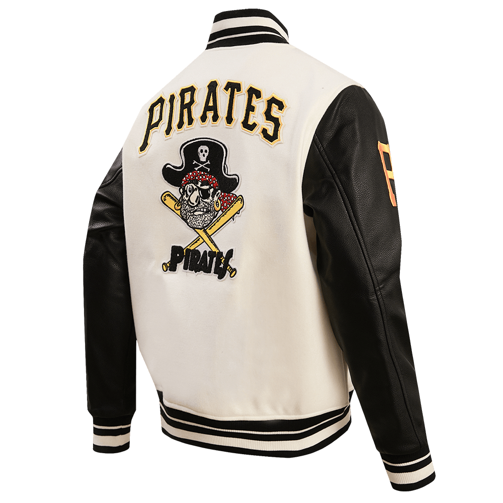 CHAQUETA UNIVERSITARIA RETRO CLÁSICA DE LANA ACANALADA PARA HOMBRE MLB PITTSBURGH PIRATES (BLANCO HUEVO/ NEGRO)