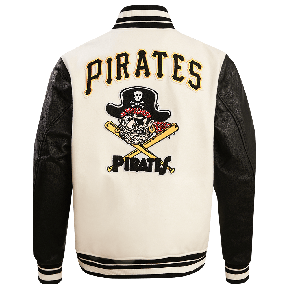 CHAQUETA UNIVERSITARIA RETRO CLÁSICA DE LANA ACANALADA PARA HOMBRE MLB PITTSBURGH PIRATES (BLANCO HUEVO/ NEGRO)