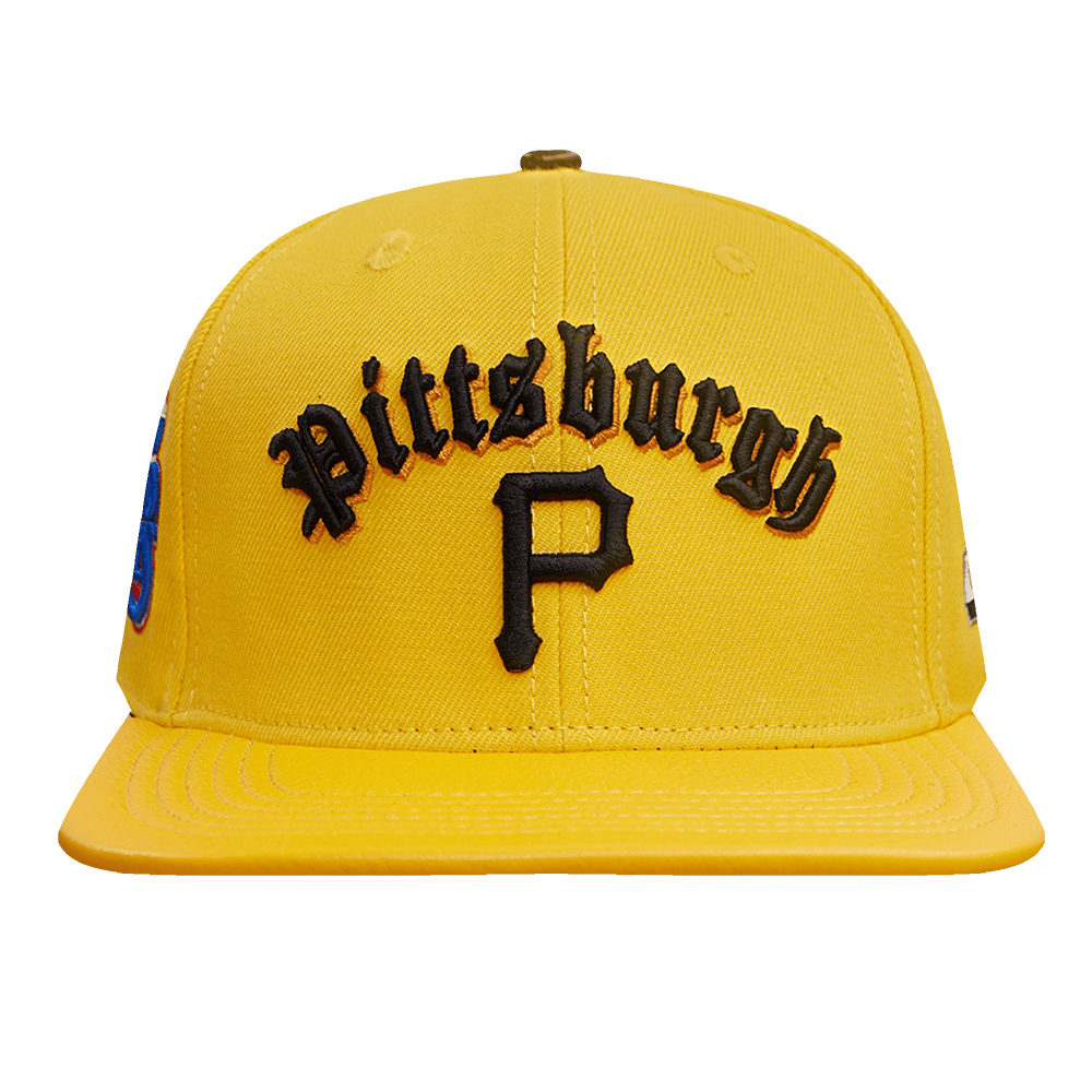 MLB PITTSBURGH PIRATES OLD ENGLISH UNISEX 6 PANEL LEATHER STRAPBACK (YELLOW)