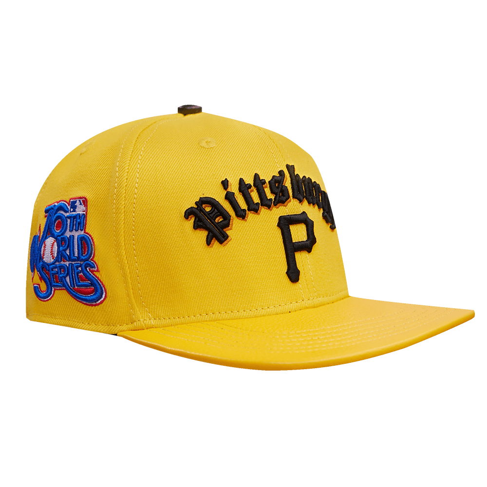 MLB PITTSBURGH PIRATES OLD ENGLISH UNISEX 6 PANEL LEATHER STRAPBACK (YELLOW)