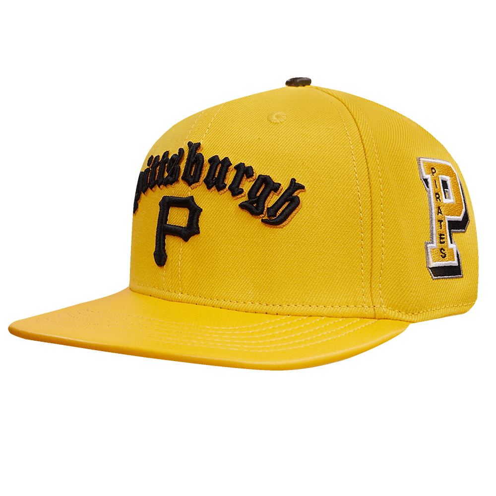 MLB PITTSBURGH PIRATES OLD ENGLISH UNISEX 6 PANEL LEATHER STRAPBACK (YELLOW)