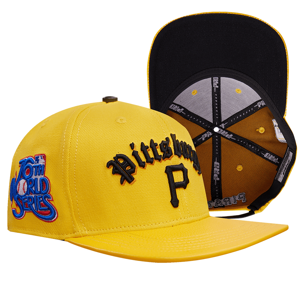 MLB PITTSBURGH PIRATES OLD ENGLISH UNISEX 6 PANEL LEATHER STRAPBACK (YELLOW)