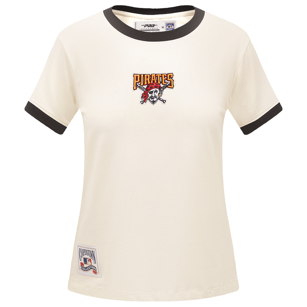 CAMISETA RINGER SJ DE MUJER MLB PITTSBURGH PIRATES RETRO CLÁSICA A RAYAS (BLANCO HUEVO/ NEGRO)