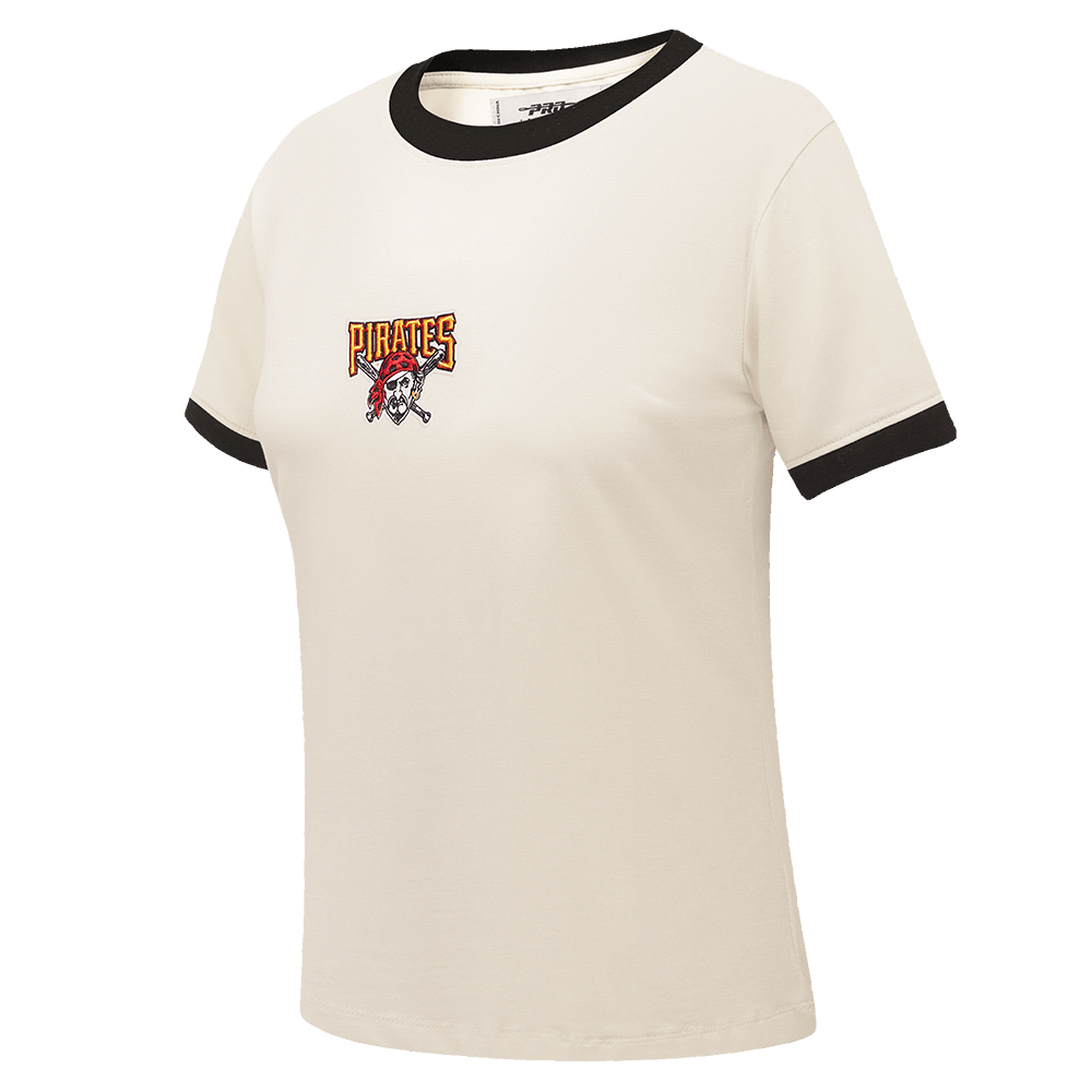 CAMISETA RINGER SJ DE MUJER MLB PITTSBURGH PIRATES RETRO CLÁSICA A RAYAS (BLANCO HUEVO/ NEGRO)