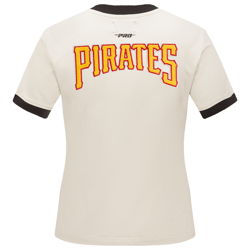 CAMISETA RINGER SJ DE MUJER MLB PITTSBURGH PIRATES RETRO CLÁSICA A RAYAS (BLANCO HUEVO/ NEGRO)