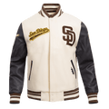 CHAQUETA UNIVERSITARIA RETRO CLÁSICA DE LANA ACANALADA PARA MUJER MLB PIRATAS DE PITTSBURGH (BLANCO HUESO/ NEGRO)