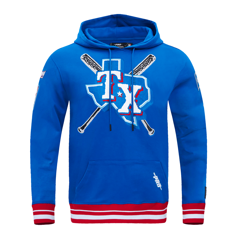 MLB TEXAS RANGERS MASHUP SUDADERA CON CAPUCHA Y CANALETAS PARA HOMBRE (AZUL REAL/ROJO)