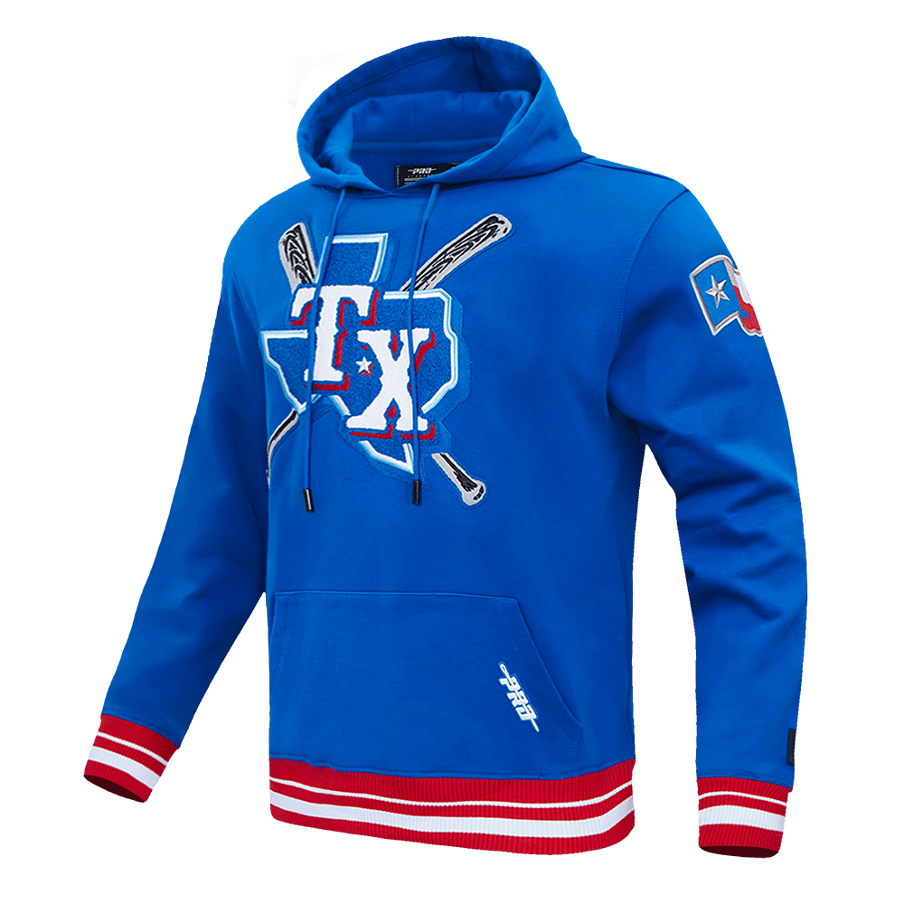 MLB TEXAS RANGERS MASHUP SUDADERA CON CAPUCHA Y CANALETAS PARA HOMBRE (AZUL REAL/ROJO)