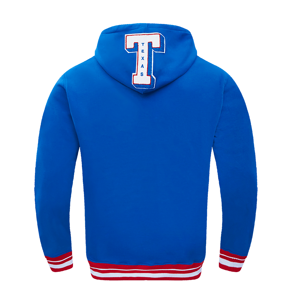 MLB TEXAS RANGERS MASHUP SUDADERA CON CAPUCHA Y CANALETAS PARA HOMBRE (AZUL REAL/ROJO)