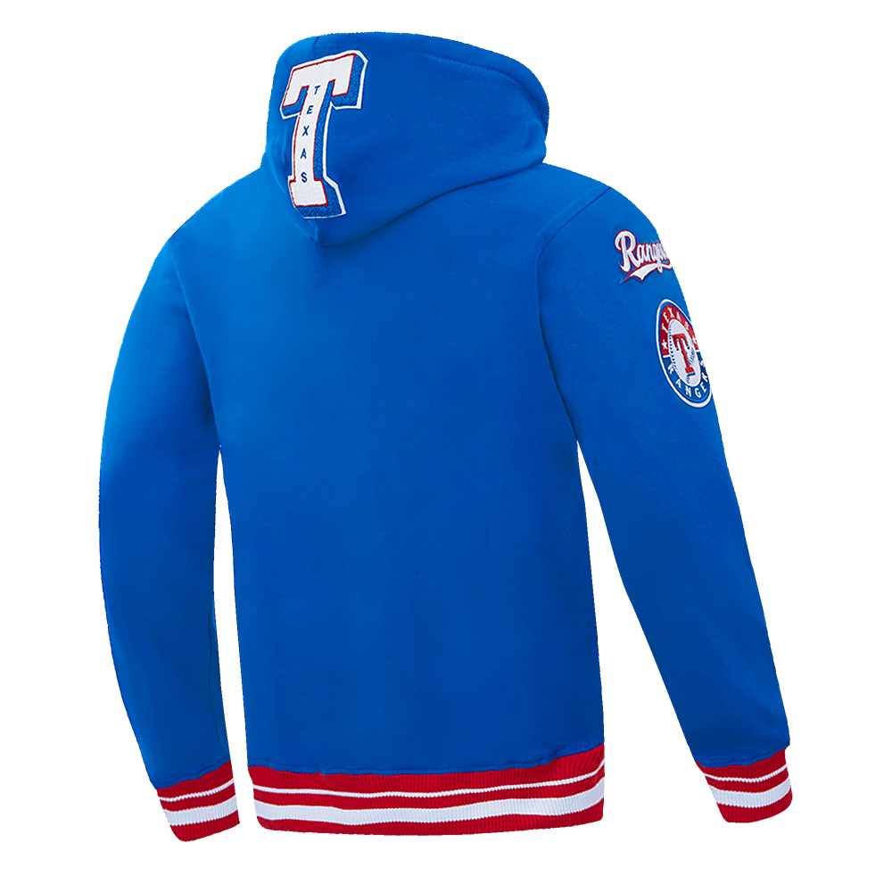 MLB TEXAS RANGERS MASHUP SUDADERA CON CAPUCHA Y CANALETAS PARA HOMBRE (AZUL REAL/ROJO)